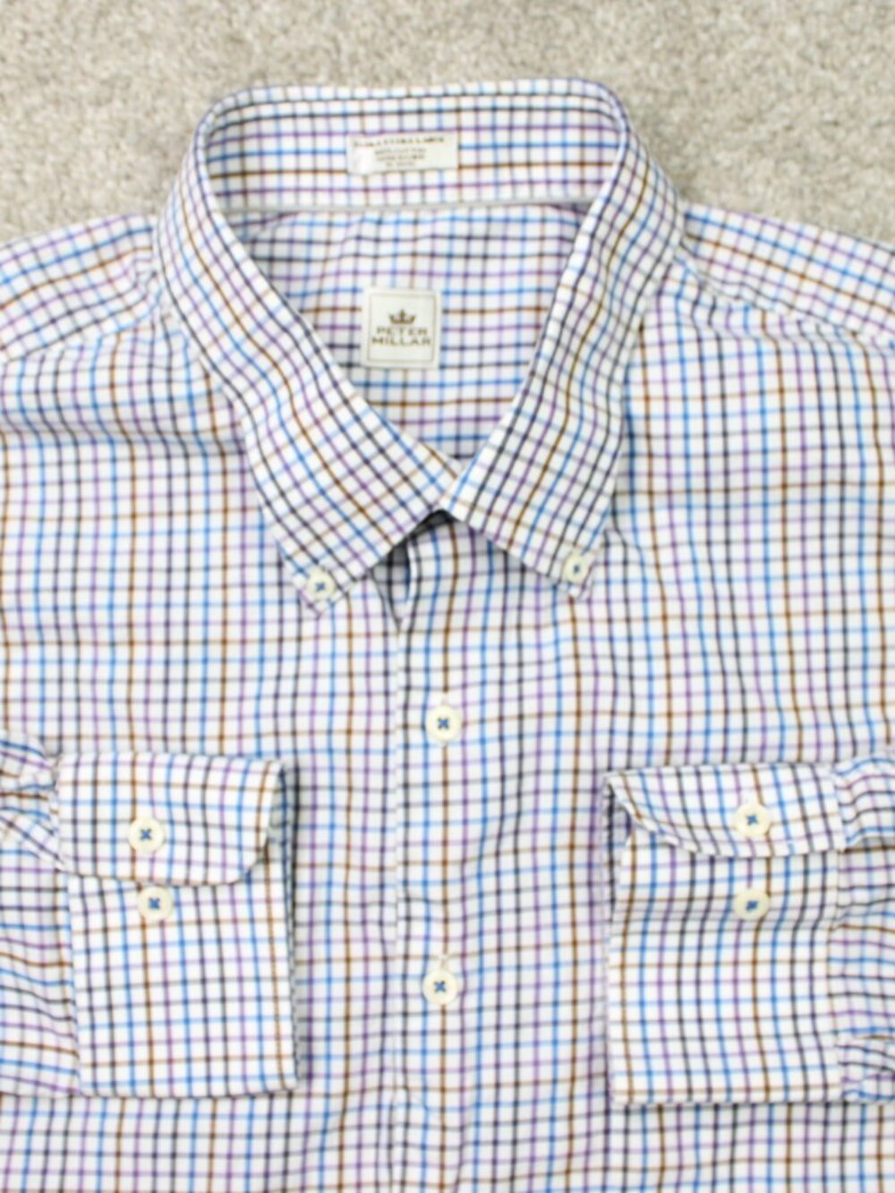 Peter Millar Shirt Mens 2XL XXL Blue/Purple Check 100% Cotton Long Sleeve Preppy